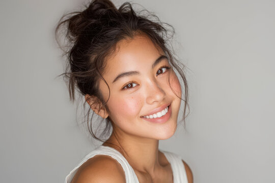 An attractive Asian woman poses in a white tank top with a bright smile, conveying health, happiness, and self care in an isolated setting.