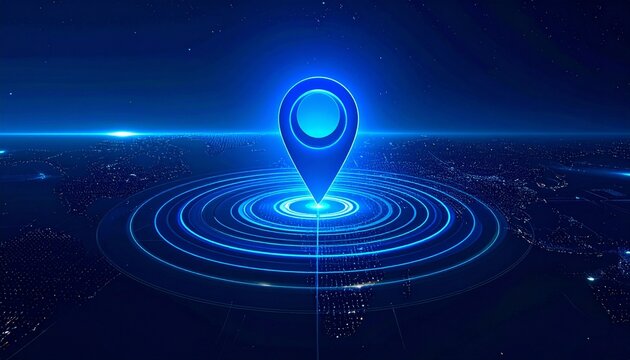 A glowing blue location marker radiates concentric signals over a digital world map, symbolizing global connectivity, precision, and the power of modern geolocation technology.
