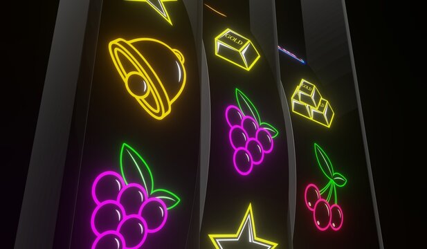Neon Casino Slots Machine with Random Items - 3d illustration