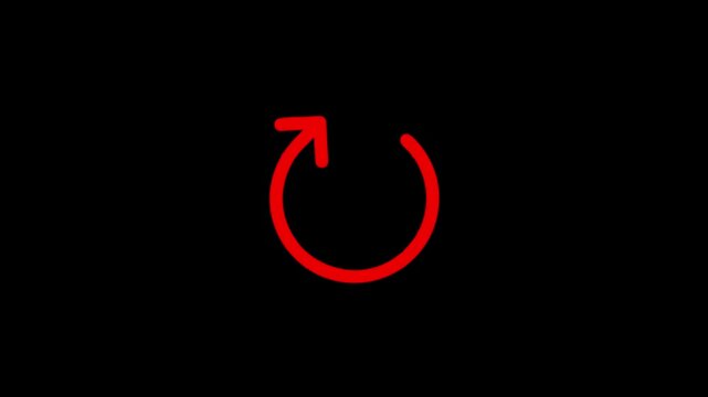 Red circular arrow rotating clockwise on black background for digital loading motion graphics