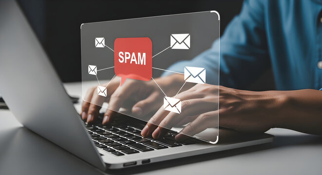 Person typing on laptop with spam email notifications on screen