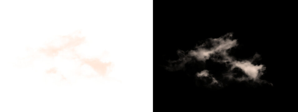 Dramatic white cloud formation with detailed structure isolated on white and black background, high resolution stock for composites