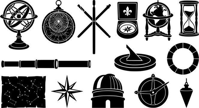 Set of vintage navigation and astronomical instruments including armillary sphere, compass, hourglass and star chart silhouettes