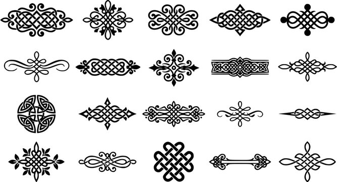 Set of decorative calligraphic ornaments and vintage celtic knotwork border elements