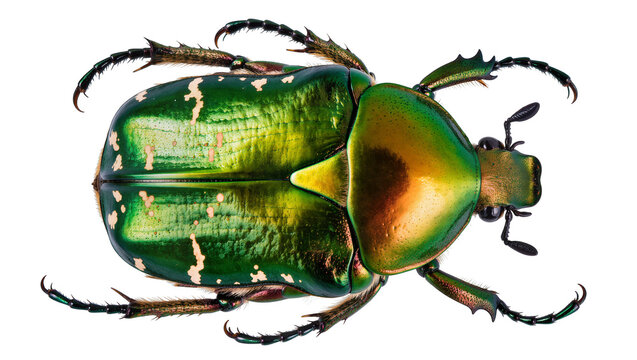 Metallic green and gold scarab beetle with textured shell