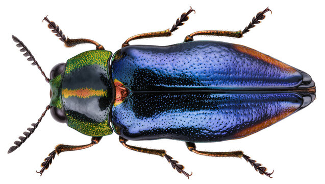 Iridescent metallic jewel beetle with blue green, and orange markings