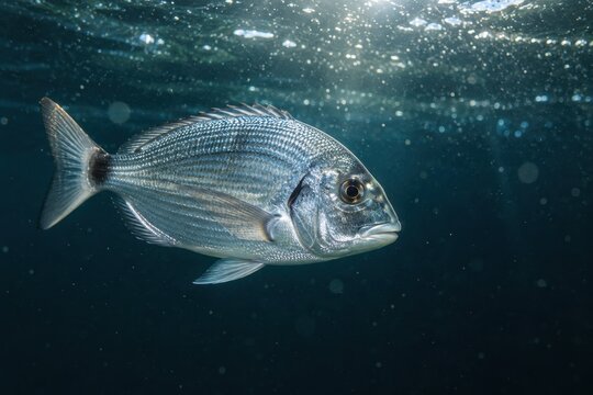 Sargo fish swimming underwater in the dark blue sea with sunlight rays on the surface.