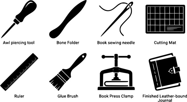 Set of bookbinding tools and equipment icons featuring an awl, bone folder, sewing needle, cutting mat, ruler, brush, press, and journal.