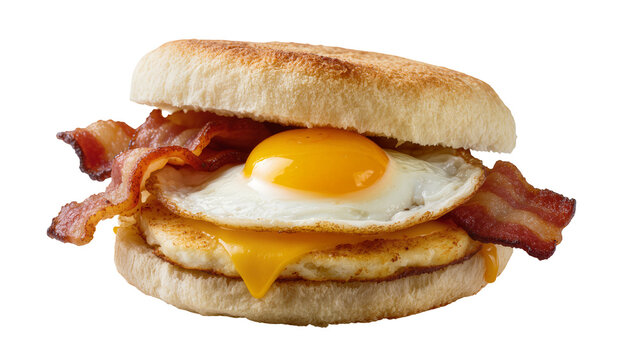 Breakfast sandwich with fried egg bacon, cheese and patty on bun