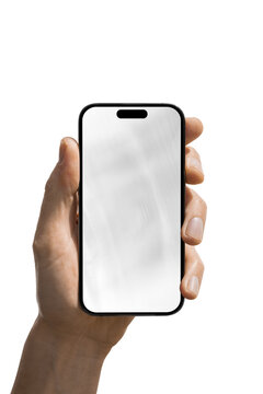 Phone in a hand on a transparent background in PNG format with a glass glare effect.