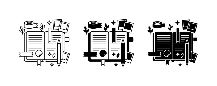 Journaling Icons Set, Creative Writing and Memory Keeping Vector Graphics, Scrapbooking Elements for Storytelling and Planning