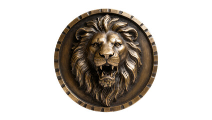 Bronze lion head medallion with open mouth and mane © Elena