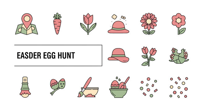 Easter egg hunt icons set map carrot flowers hats egg decorations