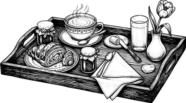 Breakfast serving tray with hot coffee, fresh croissant, fruit jam and a single tulip in a vintage sketch style