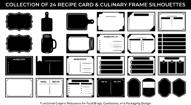 Collection of twenty-four recipe card templates and culinary frame silhouettes for food blogs and cookbook layouts