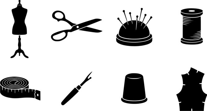 Set of sewing and tailoring icons featuring dressmaker mannequin, scissors, pin cushion, thread spool, measuring tape, seam ripper, thimble and pattern.