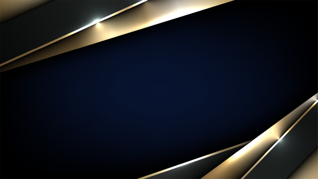 Luxury abstract background with elegant metallic gold and dark blue overlapping geometric layers featuring light reflections, premium corporate design