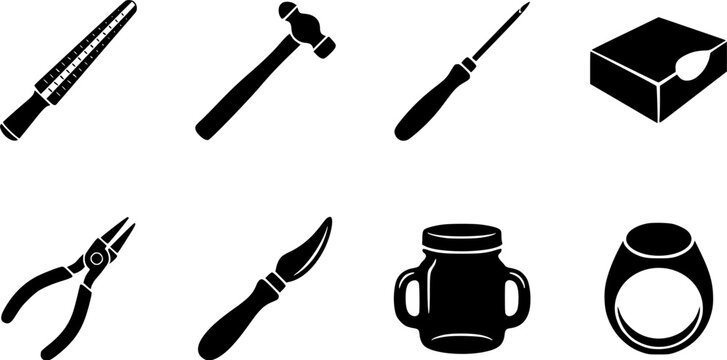 Jewelry making and repair tools icon set featuring ring sizing stick, silversmith hammer, pliers, and gemstones