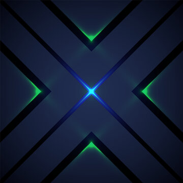 Futuristic abstract background with dark geometric X pattern and glowing neon blue and green lines