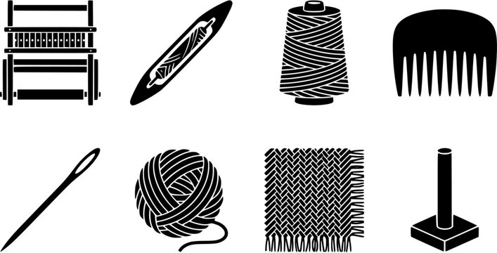 Set of black icons for weaving, knitting and textile crafts including loom, shuttle, yarn, needle, fabric and tool silhouettes
