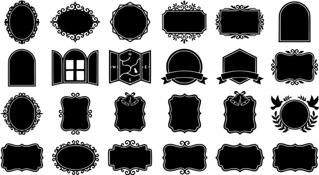 Set of decorative vintage frames and ornaments with floral flourishes and heraldic shapes for wedding and event stationery design