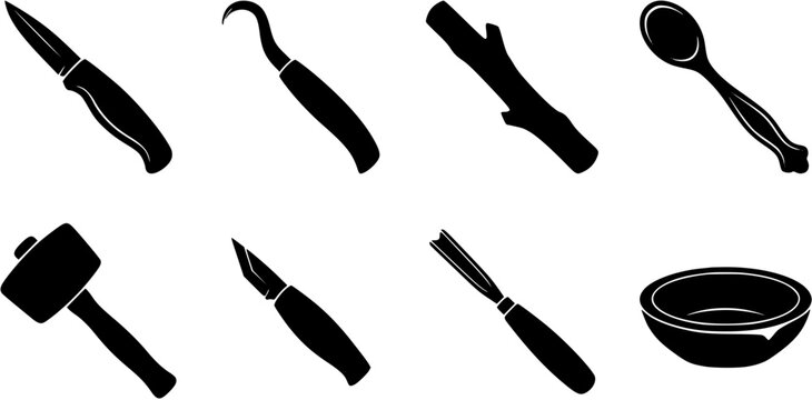 Set of wood carving tools and objects including knives, gouges, mallet and wooden spoon, Woodworking equipment silhouette collection.