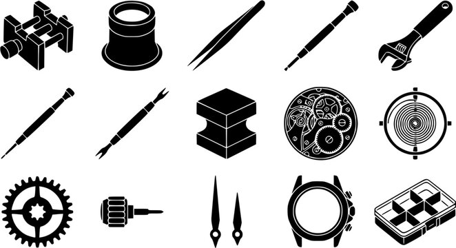 Set of fifteen watchmaker tools and clock repair components in black silhouettes on white background