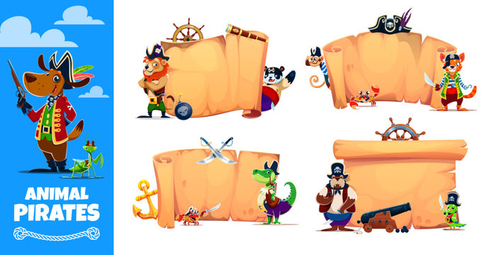 Cartoon animal pirates and corsairs banners with ship crew characters and old parchment scrolls. Cute dog, lion and crocodile animal pirate captains, funny parrot, cat, panda and crab corsair sailors
