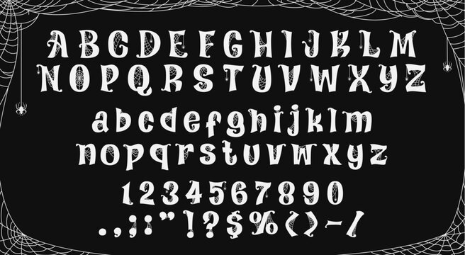 Halloween font with spider cobweb, scary typeface letters. Spooky spiderweb alphabet type vector typography set in frame of cobweb net and spiders silhouettes. Halloween horror english alphabet font
