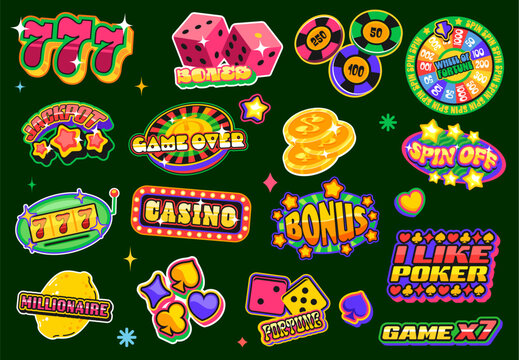 Poker and gambling game retro y2 stickers, casino patch labels set. Vintage groovy chip, dice and gold money coin vector stickers. Retro y2k casino game roulette, slot machine and fortune wheel icons