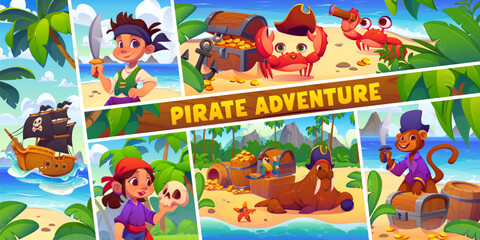 Naklejka premium Pirates adventure poster with cartoon funny kids and animals corsair characters, treasures and sail ship. Kid pirates on tropical Caribbean island, girl corsair and boy sailor with gold treasure chest