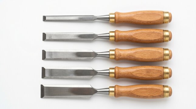 Woodworking chisels arranged in row on clean white background with natural light
