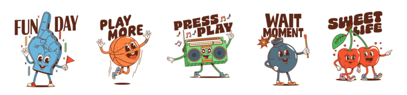Cartoon y2k groovy funky summer character stickers and retro patches. Foam finger fan, basketball ball, boombox, bomb and pair of smiling cherries evoking fun summer vibes nostalgia and upbeat energy