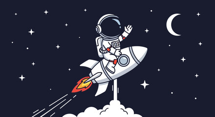 Fototapeta premium Astronaut on rocket in space with stars and moon illustration