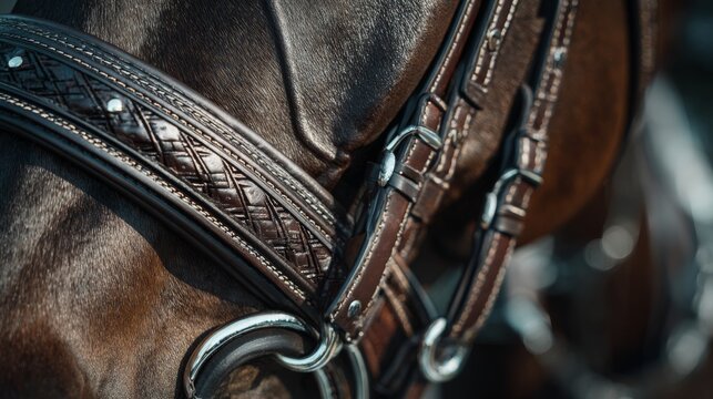 close-up of premium leather bridle, intricate stitching, polished metal buckles
