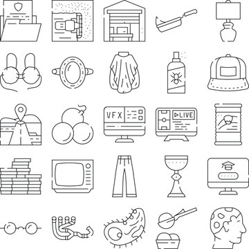 Set of assorted outline symbols illustrating a wide range of everyday items, digital media, security, food, clothing, and abstract ideas in a clean black and white style