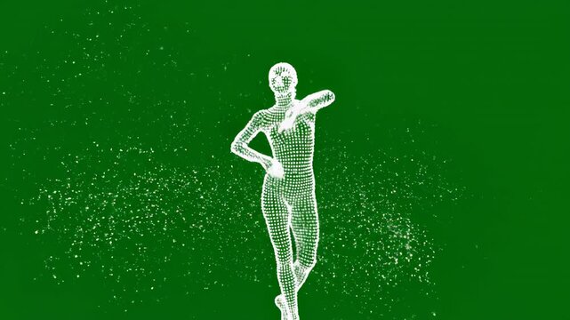 Digital ballerina wireframe animation: 3 d particle dancer dissolving on green screen