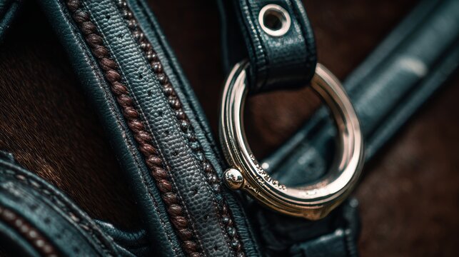 macro shot of polished metal bit and handcrafted leather bridle