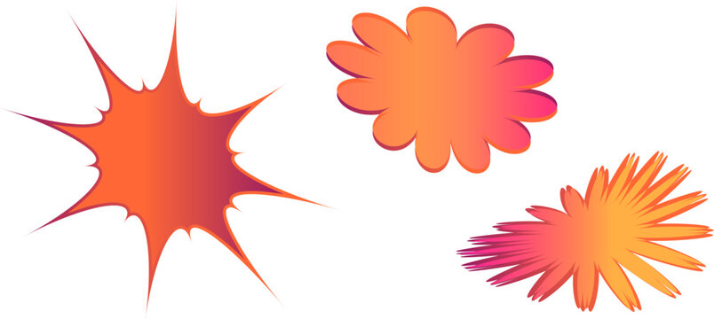 comic-style explosion shapes in various shades of red, orange, and yellow. They are frequently featured in vector graphic libraries as "starburst" or "burst" illustrations.