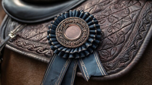 award winning equestrian rosette pinned to premium saddle leather