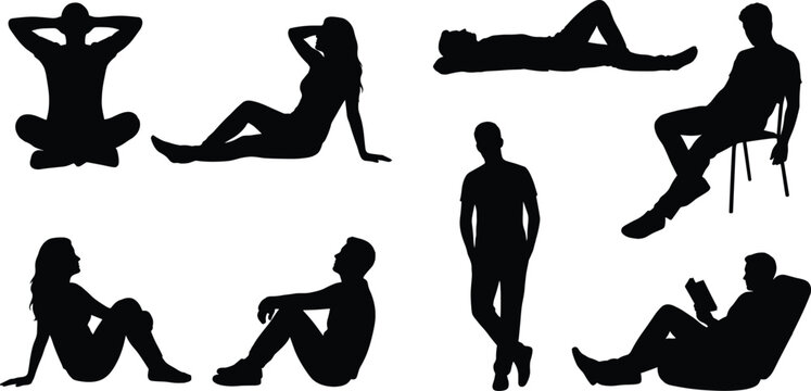 Human silhouette collection featuring seated standing reclining and relaxed people poses vector illustration set