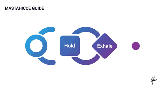Mindful Breathing Exercise Guide Graphic with 'Hold' and 'Exhale' Steps. Relaxation and Stress Relief Process Diagram.