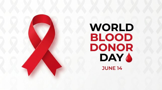 World Blood Donor Day banner with red ribbon, June 14 medical awareness poster, blood donation campaign graphic with drop icon and ribbon pattern background