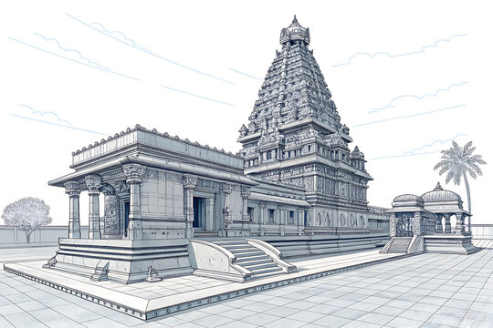 Brihadeeswarar Temple, Tamil Nadu, geometric vector architecture