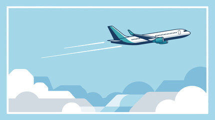 Naklejka premium Airplane flying through blue sky above white clouds in a flat minimalist vector art style