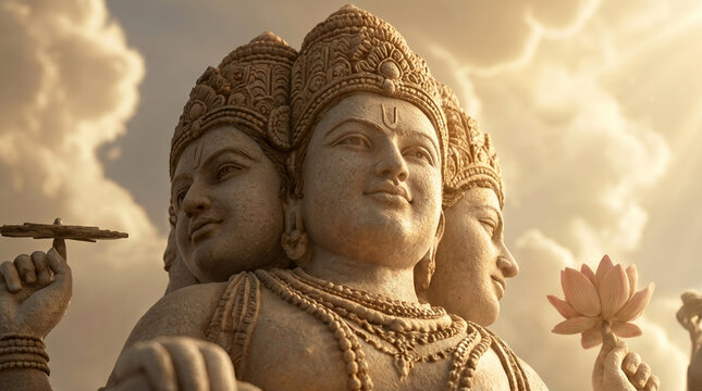 Lord Brahma Hindu god multi-headed stone statue holding a lotus in sunlight