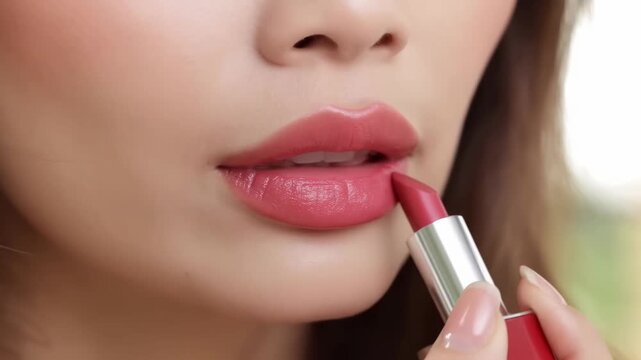 Woman applying red lipstick closeup: beauty, makeup tutorial, lip care, glamour, cosmetics