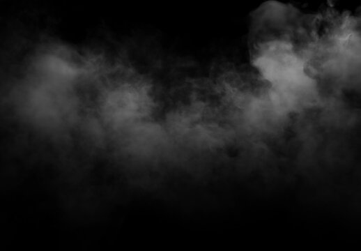 Dense white smoke fog overlay on black background, realistic abstract mist cloud effect for dark atmospheric design, cinematic poster, horror scene, music cover or photo composition.