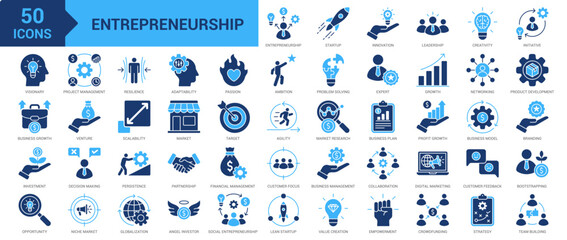 Naklejka premium Entrepreneurship icon set. Innovation, leadership, creativity, initiative, visionary, business, agility, project management, opportunity, partnership and more. Solid vector icons