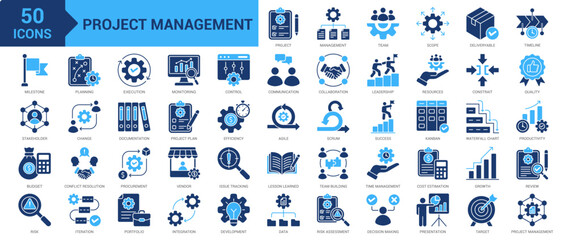 Fototapeta premium Project Management icon set. Productivity, efficiency, leadership, planning, time management, decision making, stakeholder, control, timeline, scope, execution and more. Solid vector icons